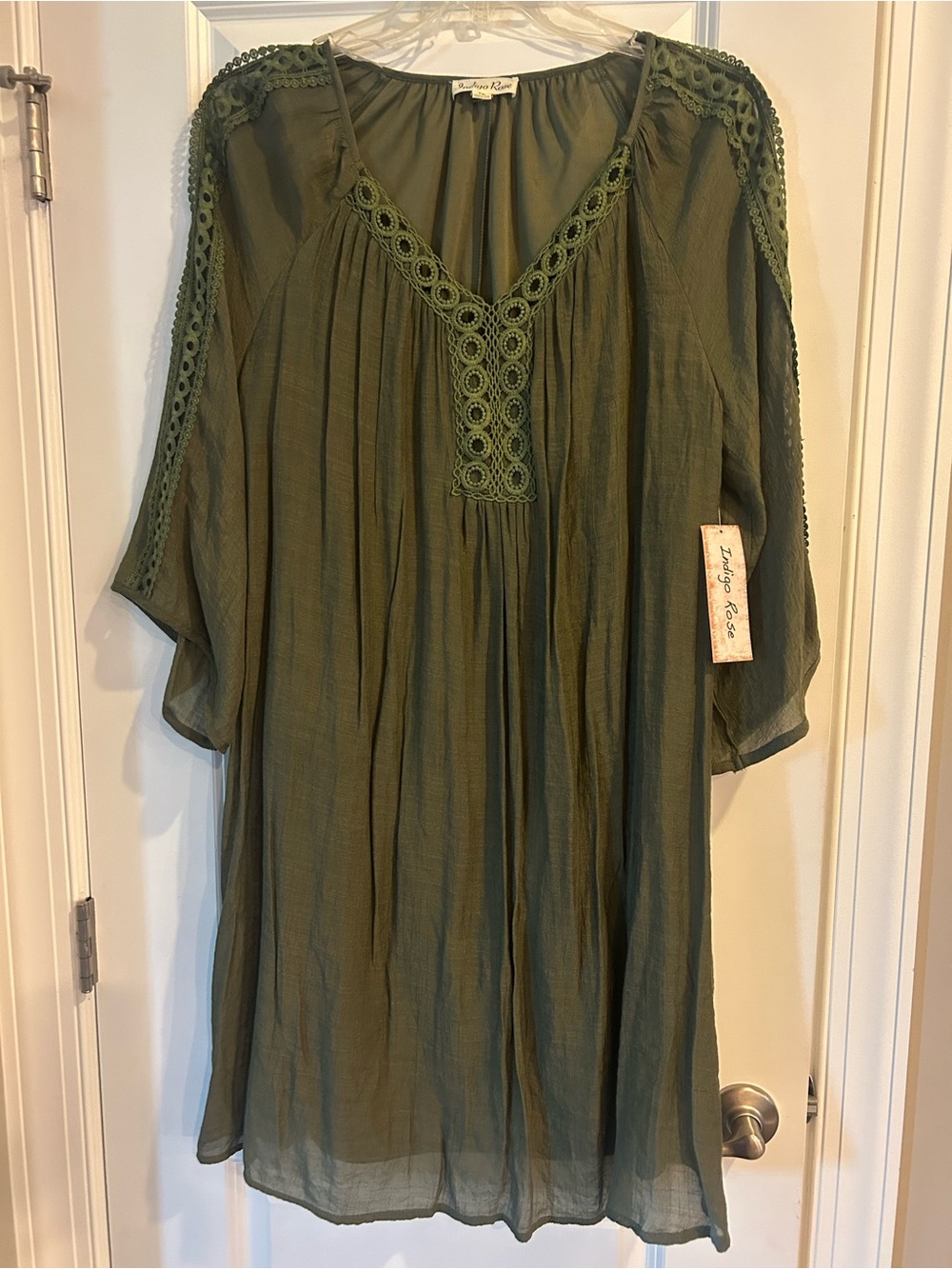 Indigo Rose - new with tags. Olive Crochet-Trim Lined Long Sleeve Tunic Dress